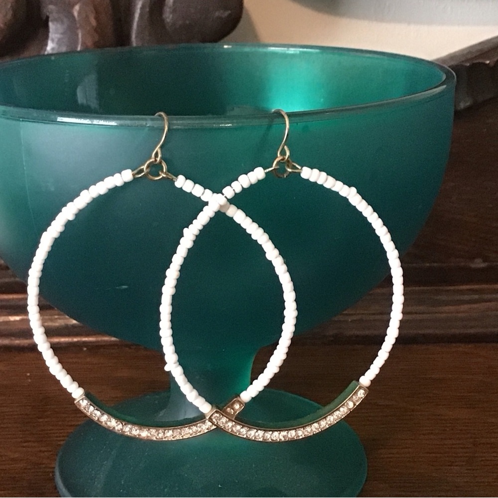 White Beads and Rhinestones.  2” Hoop Earrings